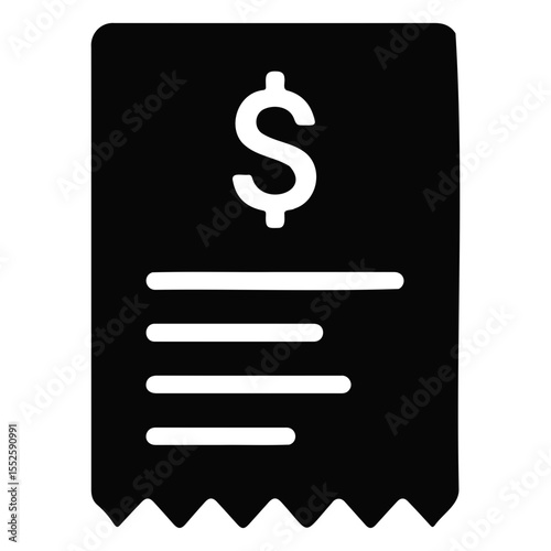 Black and white icon of a receipt with a dollar sign and horizontal lines representing items on transparent background