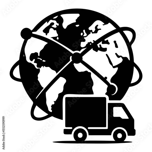 Black and white illustration of a globe with connected nodes and a delivery truck below it on transparent background