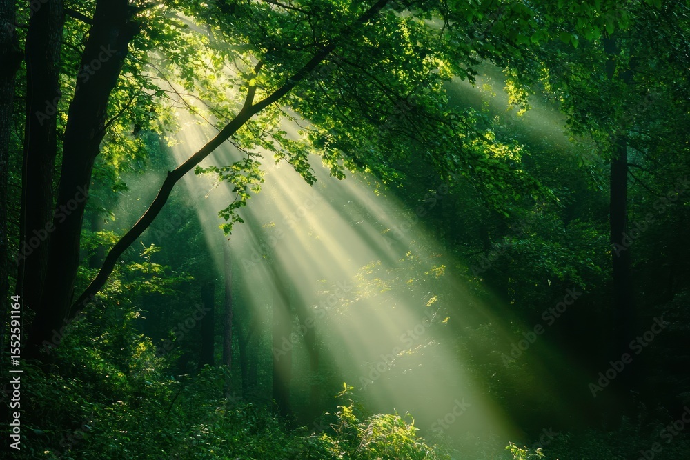 Obraz premium Warm forest atmosphere with glowing sunbeams and vibrant green colors, summer magic