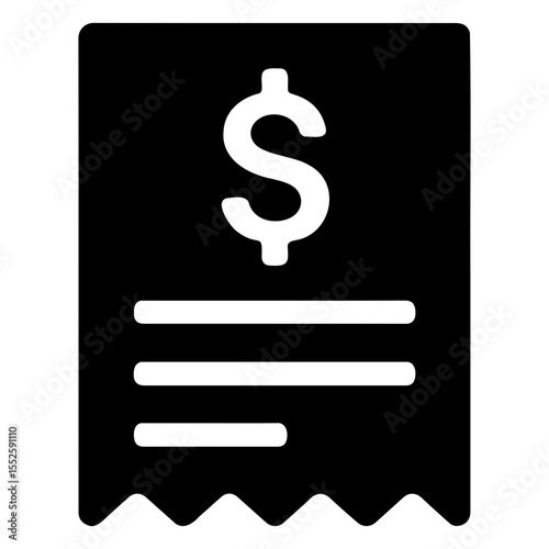 Illustration of a black receipt with a dollar sign and lines representing details shown on transparent background