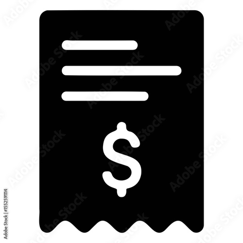Illustration of a black receipt with horizontal lines and a dollar sign in the center on transparent background