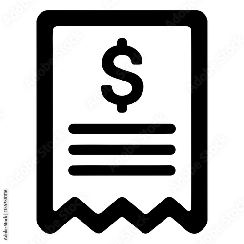 Illustration of a black outlined receipt with a dollar sign and three lines on it on transparent background