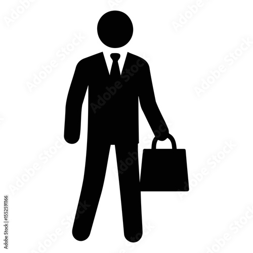 Silhouette of a businessman in a suit holding a briefcase standing upright on a white background on transparent background
