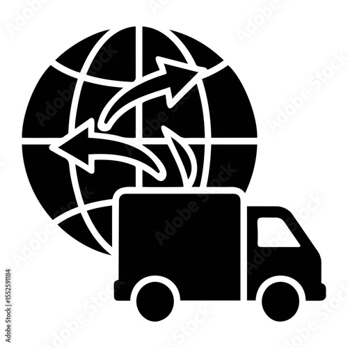 Silhouette of a delivery truck with a globe and curved arrows indicating global shipping concept on transparent background
