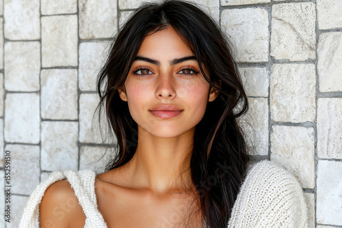 Radiant Beauty: A stunning portrait of a woman against a minimalist textured backdrop, her captivating gaze radiating warmth and elegance, embodying the essence of beauty.