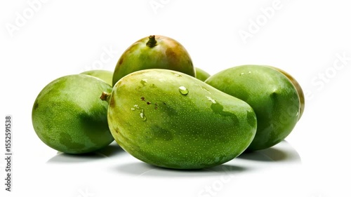 Wallpaper Mural A cluster of five green mangoes some with water droplets rest on a reflective white surface Torontodigital.ca
