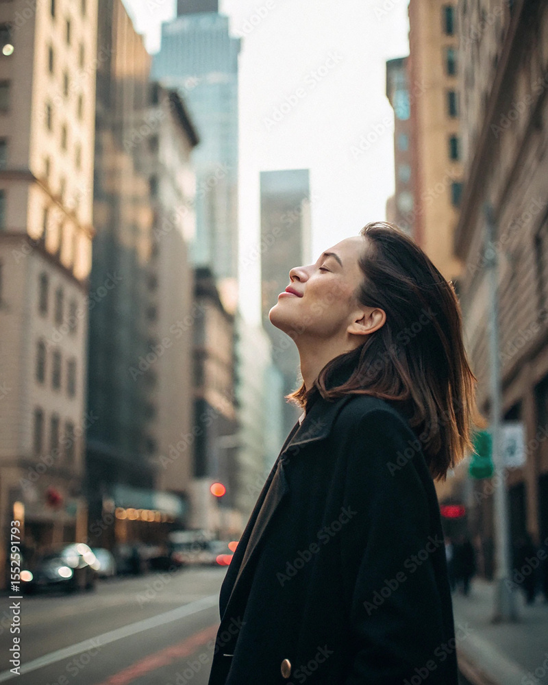 Fototapeta premium Woman pausing during a city walk to close her eyes and feel the breeze, buildings blurred in the background.