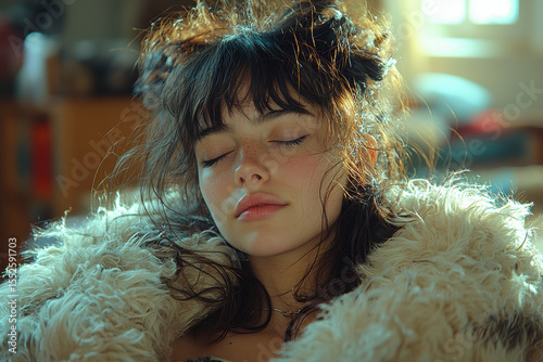 Dreamy Portrait: A young woman wrapped in a cozy furry coat closes her eyes in peaceful contemplation, basking in soft light.