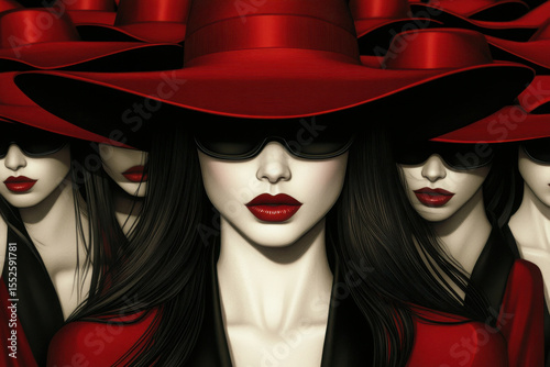A striking array of individuals, women in red hats and sunglasses, their minimalist faces expressionless. maintaining the pop art aesthetic with bold contrasts and enigmatic symmetry.