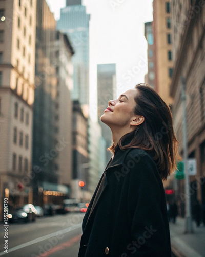 Woman pausing during a city walk to close her eyes and feel the breeze, buildings blurred in the background.
