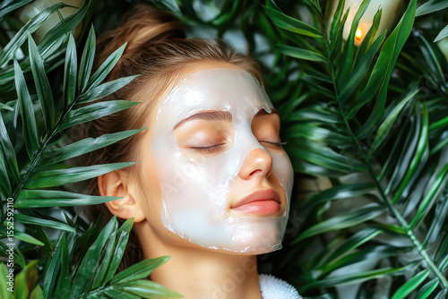 Serene Spa Day: A tranquil woman enjoys a facial mask in a lush, verdant setting, embodying peace and self-care.