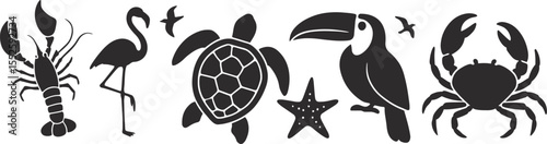 Tropical Ocean Wildlife Silhouette Bundle - Lobster, Flamingo, Turtle, Toucan, Crab, Starfish