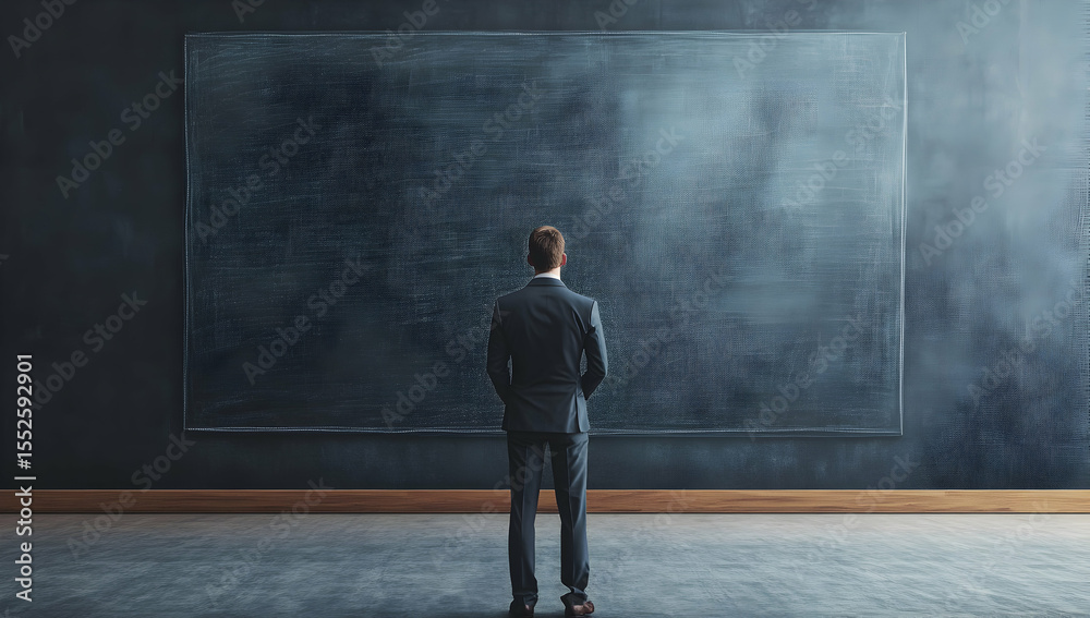 Obraz premium Man contemplating large blank blackboard