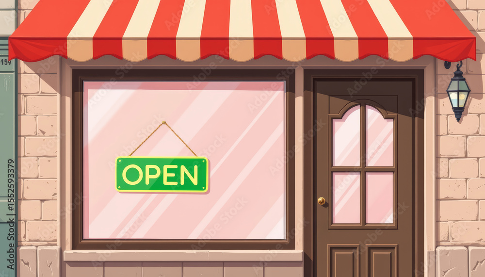 Fototapeta premium Open sign hanging on store window with red and white striped awning and brown door on brick wall exterior