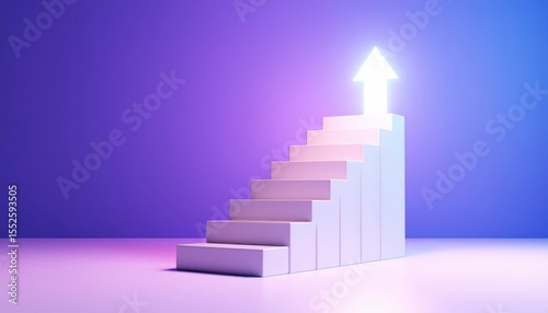 Climbing the Ladder to Success: Conceptual image of an ascending staircase topped with a bright, glowing arrow, illustrating concepts of ambition, growth, and progress.