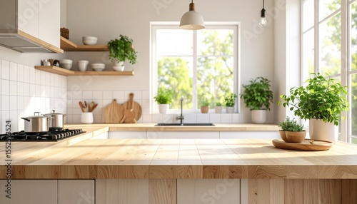 Modern Kitchen: This image showcases a modern kitchen design, featuring wooden countertops, vibrant plants, and ample natural light streaming through the windows. This image evokes a sense of warmth.