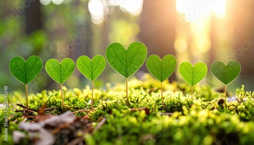 Love's Echo in Green: A verdant display of leaves, delicately shaped as hearts, sprout from the vibrant moss, bathed in the warm glow of sunlight.
