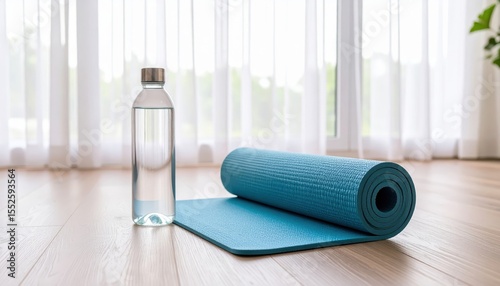 Zen Yoga Setup: A minimalist yoga scene showcases a rolled-up mat and a glass water bottle set on a warm wooden floor, with soft natural light streaming in, fostering peace and relaxation.