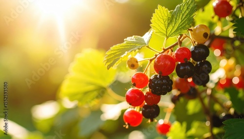 Sun-Kissed Berries: Capturing the beauty of nature's bounty, vibrant red and black berries glisten with sunlight, their leaves providing a verdant backdrop for this moment.