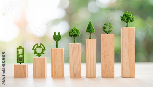 Ecological Growth Chart: Symbolic small tree, battery, recycling logos growing on wooden blocks depicts sustainable ecological growth.