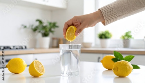 Lemon Infusion: A hand squeezes fresh lemon juice into a glass of water on a clean kitchen table, surrounded by whole and halved lemons. The focus highlights the simple elegance of refreshment.