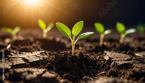 Emergence of Life:  A captivating close-up unveils nascent plant life emerging from the soil, bathed in radiant sunlight.  A visual metaphor for renewal, growth, and the unwavering cycle of nature.