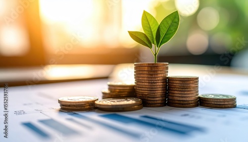 Financial Growth and Investment: A conceptual image showcasing a stack of coins with a flourishing plant sprouting from its peak, symbolizing financial growth and investment with a close-up shot.
