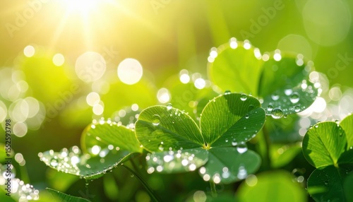 Emerald Dew Kiss: A vibrant macro shot captures the delicate beauty of dewdrops on emerald green clover leaves. The sunlight sparkles through, celebrating nature's ephemeral charm and luck.