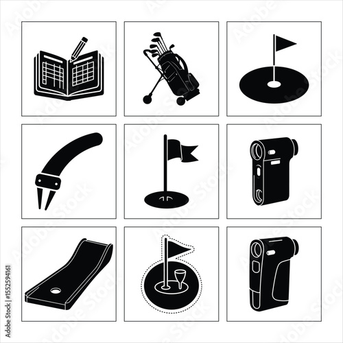 Golf Icon Set Black And White Illustration With Golf Bag And Scoreboard Cart