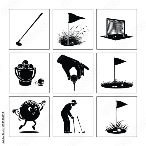 Black And White Golf Icon Set Featuring Golf Clubs,Balls,Golfer And Hole