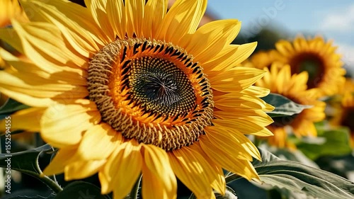 Close Up Of Vivid Yellow Sunflower With Green Leaves And Soft Focus Background