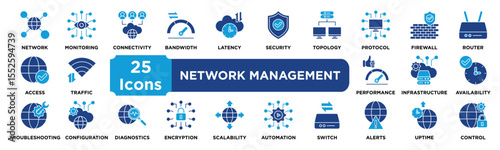Network Management icon collection set. Containing network,monitoring,connectivity,bandwidth,latency,security,topology,protocol,firewall,router icon. dual tone vector.	