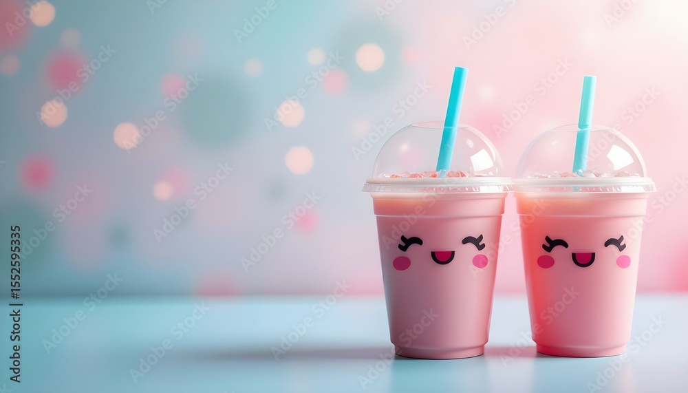 Two pink cups with cute faces and blue straws on a pastel background with bokeh lights Two pink cups with cute faces and blue straws on a pastel background with bokeh lights