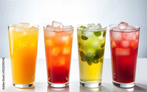 Four refreshing drinks with ice in clear glasses, featuring vibrant colors. Ideal for summer gatherings or chilling moments. Perfect for advertisements and beverage promotions. High quality