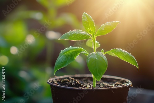 Time-lapse style basil growth from seedling, morning dew and sun glow effect
