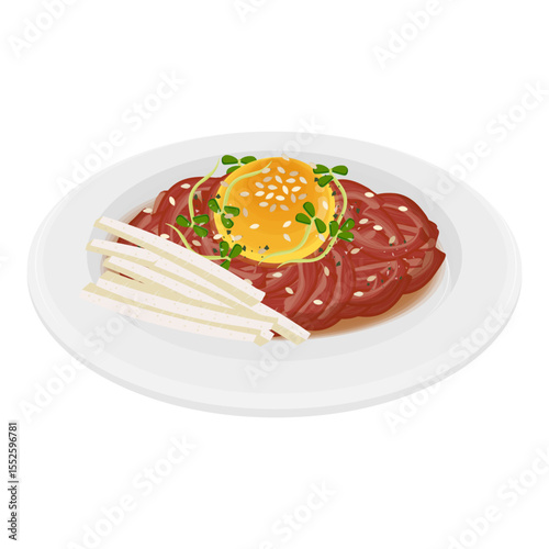 Vector Illustration Logo Clipart Yukhoe Korean Beef Tartare on a plate