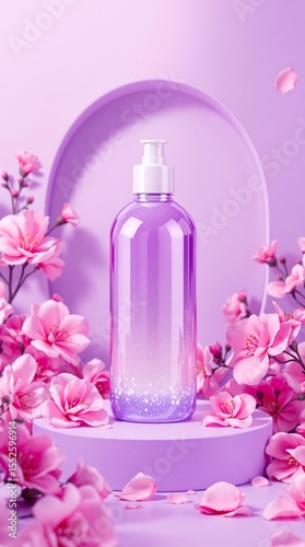 Purple aesthetic product shot for skincare or beauty brand with floral accents and pastel tones
