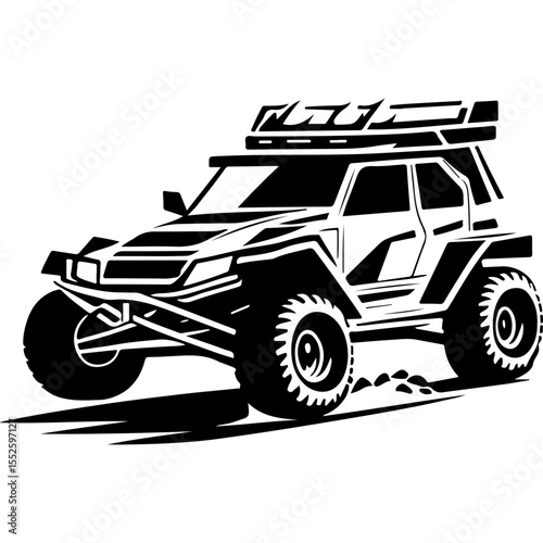 Sketchy sport emblem of Buggy racing car races off-road raising dust and stones. Engraving minimalistic vector in black ink drawing on transparent background