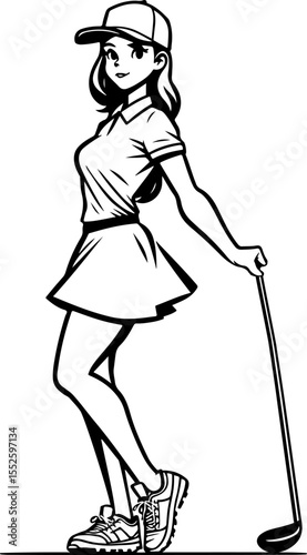 Sketchy sport emblem of charming girl golfer poses for the camera in monochrome. Engraving minimalistic vector in black ink drawing on transparent background