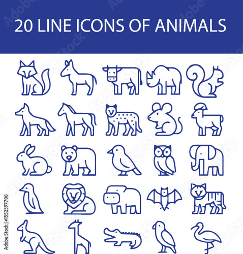 A high-quality Set of line art animal icons in minimal and clean outline style. Includes a variety of wild and domestic animals such as camel, panther, deer, cat, dog, fox, donkey, cow.
