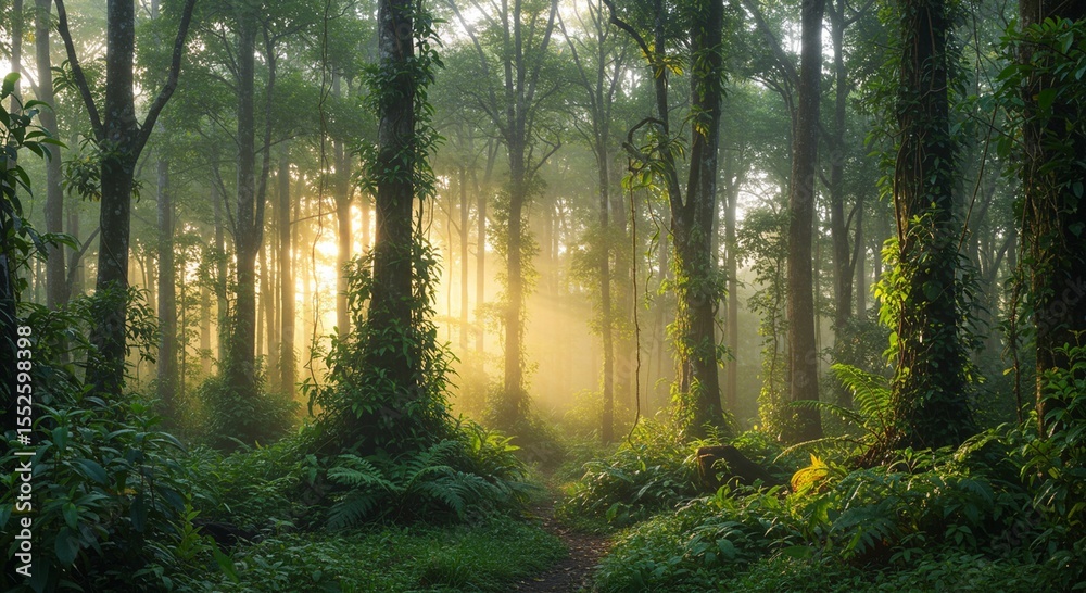 Obraz premium Golden sunlight forest path