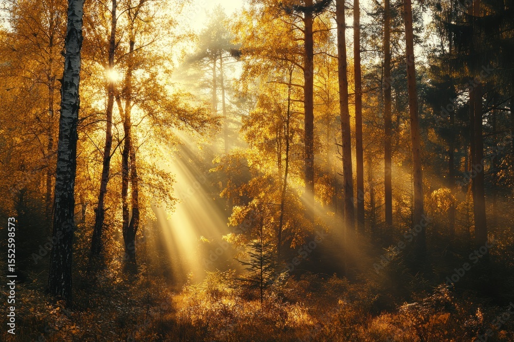 Fototapeta premium Sunlight shining through golden trees, magical atmosphere in early fall