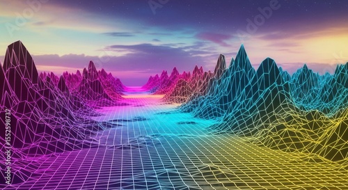Vibrant Digital Landscape with Neon Mountain Peaks and Flowing Data River Under a Colorful Sky