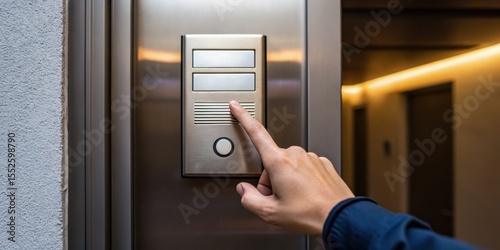 Modern intercom system in a hallway with a hand pressing the button.