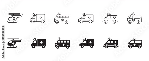 Ambulance icons collection. Helicopter and car ambulance icon set. Icon symbol compatible for first aid, medical help, clinic, medic, emergency help. Vector illustration
