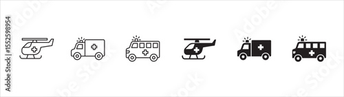 Ambulance icons collection. Helicopter and car ambulance icon set. Icon symbol compatible for first aid, medical help, clinic, medic, emergency help. Vector illustration
