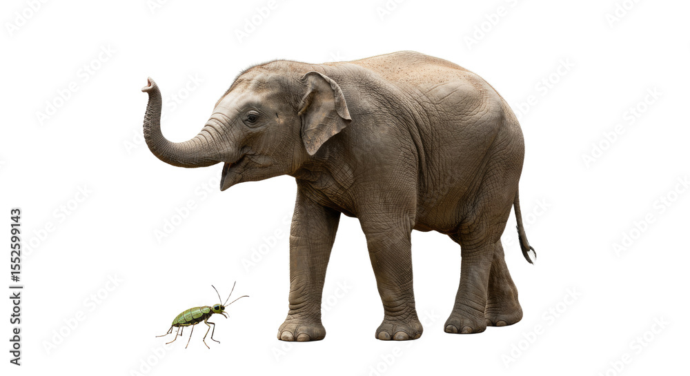 Obraz premium Young Elephant and Tiny Insect on White Background.