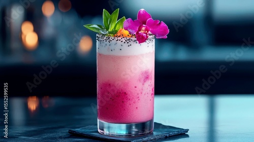 A modern take on the classic Singapore Sling, served in a tall glass with dragon fruit foam and edible orchid
