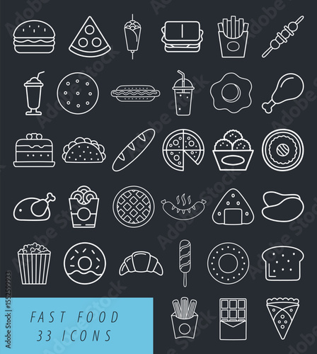 Fast food outline pictograms collection. Burger, pizza, french fries, drinks, fried chicken, donut, popcorn, chocolate bar, nuggets, sandwich and other meal items icon set vector art.