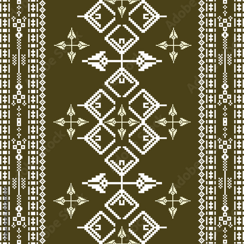 Ukrainian folk embroidery. Seamless vector pattern. Cross-stitch pattern on a brown background. Pixel pattern. Ideas for carpet, rug, wall tapestry, table runner, cushion, and upholstery.